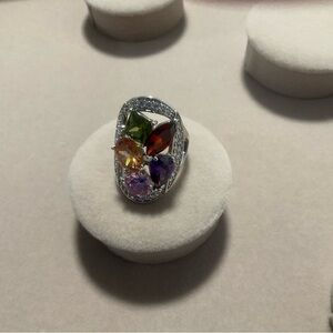 Multi-Stone Silver Cocktail Ring with Green, Red, Yellow, Purple Gemstones